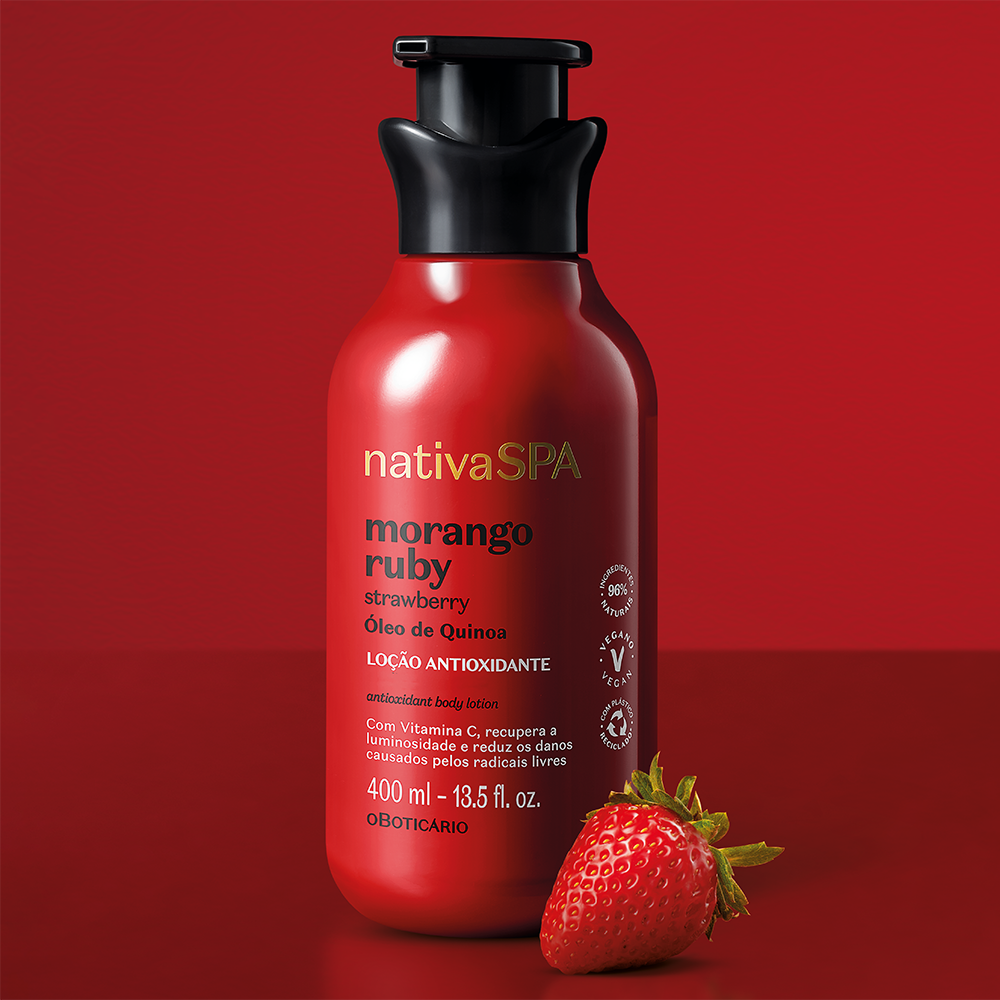 Loção o Morangão. Morango Rubi 🍓 com vitamina C°1: Recupera a luminosidade da pele com ação oxidante.